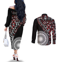 Red Tongan Ngatu Fonulei Pattern Couples Matching Off The Shoulder Long Sleeve Dress and Long Sleeve Button Shirt