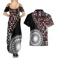 Red Tongan Ngatu Fonulei Pattern Couples Matching Summer Maxi Dress and Hawaiian Shirt