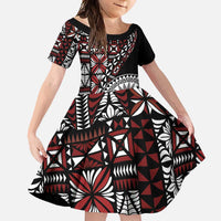 Red Tongan Ngatu Fonulei Pattern Family Matching Long Sleeve Bodycon Dress and Hawaiian Shirt LT9 Daughter's Dress Red - Polynesian Pride