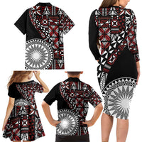Red Tongan Ngatu Fonulei Pattern Family Matching Long Sleeve Bodycon Dress and Hawaiian Shirt LT9 - Polynesian Pride