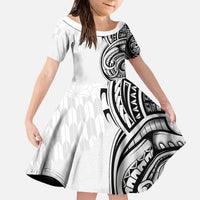Hawaii and Japanese Culture Personalised Family Matching Off The Shoulder Long Sleeve Dress and Hawaiian Shirt With Polynesian Tribal Tattoo Style LT9 Daughter's Dress White - Polynesian Pride