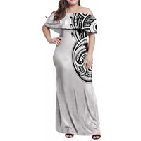 Hawaii and Japanese Culture Personalised Family Matching Off Shoulder Maxi Dress and Hawaiian Shirt With Polynesian Tribal Tattoo Style LT9 Mom's Dress White - Polynesian Pride