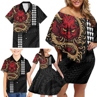 Hawaii and Japanese Oni Mask Personalised Family Matching Off Shoulder Short Dress and Hawaiian Shirt Kakau Pattern Dark Art Style LT9 - Polynesian Pride