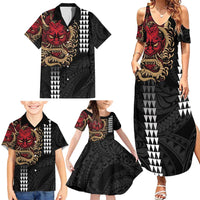Hawaii and Japanese Oni Mask Personalised Family Matching Summer Maxi Dress and Hawaiian Shirt Kakau Pattern Dark Art Style LT9 - Polynesian Pride