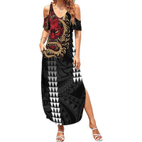 Hawaii and Japanese Oni Mask Personalised Summer Maxi Dress Kakau Pattern Dark Art Style LT9 Women Black - Polynesian Pride