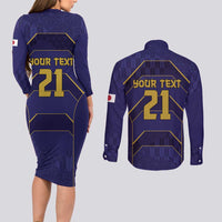 Japan Pacific Rugby 2022-23 Custom Couples Matching Long Sleeve Bodycon Dress and Long Sleeve Button Shirt Blue Sakura Japanese Wave Pattern