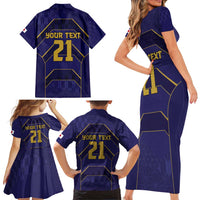 Japan Pacific Rugby 2022-23 Custom Family Matching Short Sleeve Bodycon Dress and Hawaiian Shirt Blue Sakura Japanese Wave Pattern