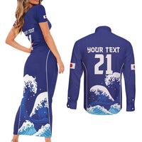 Japan Pacific Rugby Custom Couples Matching Short Sleeve Bodycon Dress and Long Sleeve Button Shirt Go Sakura Japanese Wave Pattern