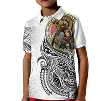 Japanese Samurai Warrior Kid Polo Shirt White Polynesian Tattoo Style
