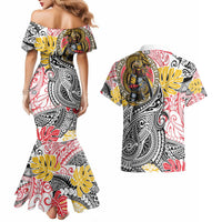 Japanese Samurai Warrior Couples Matching Mermaid Dress and Hawaiian Shirt Colorful Polynesian Tattoo Style