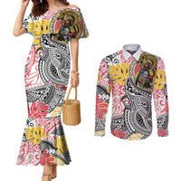 Japanese Samurai Warrior Couples Matching Mermaid Dress and Long Sleeve Button Shirt Colorful Polynesian Tattoo Style