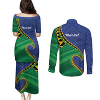 Solomon Islands Independence Day 1978 Personalised Couples Matching Puletasi and Long Sleeve Button Shirt Polynesian Pattern with Flag Style