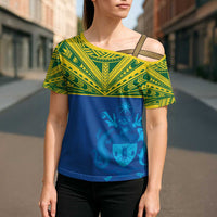 Solomon Islands Rugby Custom Cross Shoulder Shirt Simple Coat of arm Polynesian Pattern - Polynesian Pride