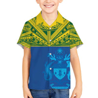 Solomon Islands Rugby Custom Family Matching Off The Shoulder Long Sleeve Dress and Hawaiian Shirt Simple Coat of arm Polynesian Pattern LT9 Son's Shirt Gold - Polynesian Pride