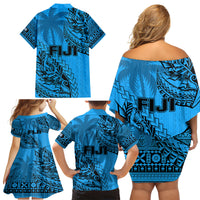Fiji Rugby Family Matching Off Shoulder Short Dress and Hawaiian Shirt Kaiviti Fijian Tribal World Cup Blue No1 LT9 - Polynesian Pride