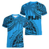 Fiji Rugby Women V Neck T Shirt Kaiviti Fijian Tribal World Cup Blue No1 LT9 - Polynesian Pride