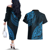Fiji Rugby Couples Matching Off The Shoulder Long Sleeve Dress and Hawaiian Shirt Kaiviti Fijian Tribal World Cup Blue No2 LT9 - Polynesian Pride