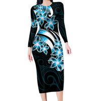Plumeria Tribal Tattoo Family Matching Long Sleeve Bodycon Dress and Hawaiian Shirt Blue Polynesian Pattern LT9 Mom's Dress Blue - Polynesian Pride