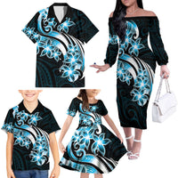 Plumeria Tribal Tattoo Family Matching Off The Shoulder Long Sleeve Dress and Hawaiian Shirt Blue Polynesian Pattern LT9 - Polynesian Pride