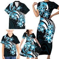 Plumeria Tribal Tattoo Family Matching Short Sleeve Bodycon Dress and Hawaiian Shirt Blue Polynesian Pattern LT9 - Polynesian Pride