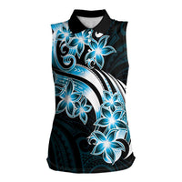 Plumeria Tribal Tattoo Women Sleeveless Polo Shirt Blue Polynesian Pattern