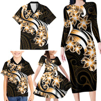 Plumeria Tribal Tattoo Family Matching Long Sleeve Bodycon Dress and Hawaiian Shirt Gold Polynesian Pattern LT9 - Polynesian Pride