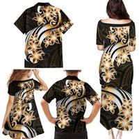 Plumeria Tribal Tattoo Family Matching Puletasi and Hawaiian Shirt Gold Polynesian Pattern