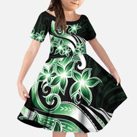 Plumeria Tribal Tattoo Family Matching Off The Shoulder Long Sleeve Dress and Hawaiian Shirt Green Polynesian Pattern LT9 Daughter's Dress Green - Polynesian Pride