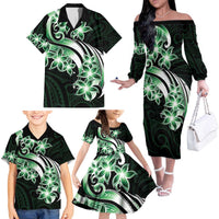 Plumeria Tribal Tattoo Family Matching Off The Shoulder Long Sleeve Dress and Hawaiian Shirt Green Polynesian Pattern LT9 - Polynesian Pride