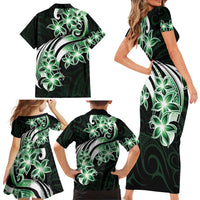 Plumeria Tribal Tattoo Family Matching Short Sleeve Bodycon Dress and Hawaiian Shirt Green Polynesian Pattern LT9 - Polynesian Pride