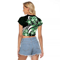 Plumeria Tribal Tattoo Raglan Cropped T Shirt Green Polynesian Pattern