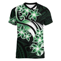 Plumeria Tribal Tattoo Women V-Neck T-Shirt Green Polynesian Pattern