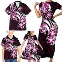 Plumeria Tribal Tattoo Family Matching Short Sleeve Bodycon Dress and Hawaiian Shirt Pink Polynesian Pattern LT9 - Polynesian Pride