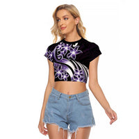 Plumeria Tribal Tattoo Raglan Cropped T Shirt Purple Polynesian Pattern
