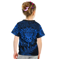 Personalised New Zealand Rugby Kid T Shirt Silver Fern All Black Mix Ta Moko Blue Style LT9 - Polynesian Pride
