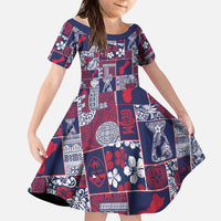 Guam Felis Pasgua Family Matching Off The Shoulder Long Sleeve Dress and Hawaiian Shirt Pacific Patchwork Xmas Vibes LT9 Daughter's Dress Blue - Polynesian Pride