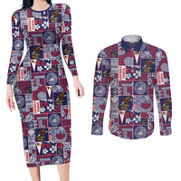Manuia le Kerisimasi American Samoa Couples Matching Long Sleeve Bodycon Dress and Long Sleeve Button Shirt Pacific Patchwork Xmas Vibes - Polynesian Pride