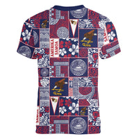 Manuia le Kerisimasi American Samoa Women V-Neck T-Shirt Pacific Patchwork Xmas Vibes - Polynesian Pride
