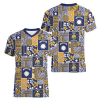 Ekamawir omo Nauru Women V-Neck T-Shirt Pacific Patchwork Xmas Vibes - Polynesian Pride