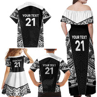 New Zealand Black Fern Custom Family Matching Off Shoulder Maxi Dress and Hawaiian Shirt Maori Tukutuku Black-white Motif LT9 - Polynesian Pride
