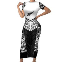 New Zealand Black Fern Custom Family Matching Short Sleeve Bodycon Dress and Hawaiian Shirt Maori Tukutuku Black-white Motif LT9 Mom's Dress White - Polynesian Pride