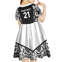 New Zealand Black Fern Custom Kid Short Sleeve Dress Maori Tukutuku Black-white Motif LT9 - Polynesian Pride