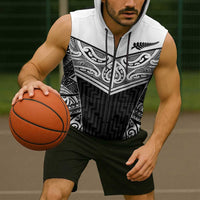 New Zealand Black Fern Custom Sleeveless Zip Hoodie Maori Tukutuku Black-white Motif LT9 - Polynesian Pride
