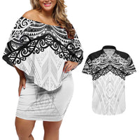 New Zealand Koru Fern Custom Couples Matching Off Shoulder Short Dress and Hawaiian Shirt Simple Taniko Motif LT9 White - Polynesian Pride