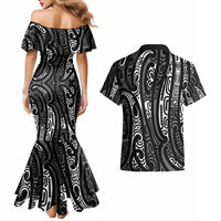 New Zealand Maori Taniko Couples Matching Mermaid Dress and Hawaiian Shirt Black Kowhaiwhai Puhoro LT9 - Polynesian Pride