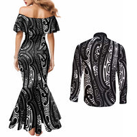 New Zealand Maori Taniko Couples Matching Mermaid Dress and Long Sleeve Button Shirt Black Kowhaiwhai Puhoro LT9 - Polynesian Pride