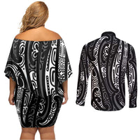New Zealand Maori Taniko Couples Matching Off Shoulder Short Dress and Long Sleeve Button Shirt Black Kowhaiwhai Puhoro LT9 - Polynesian Pride