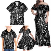 New Zealand Maori Taniko Family Matching Off Shoulder Maxi Dress and Hawaiian Shirt Black Kowhaiwhai Puhoro LT9 - Polynesian Pride