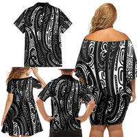 New Zealand Maori Taniko Family Matching Off Shoulder Short Dress and Hawaiian Shirt Black Kowhaiwhai Puhoro LT9 - Polynesian Pride