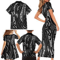 New Zealand Maori Taniko Family Matching Short Sleeve Bodycon Dress and Hawaiian Shirt Black Kowhaiwhai Puhoro LT9 - Polynesian Pride